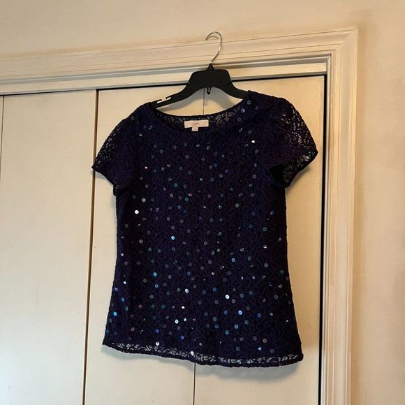 Ann Taylor LOFT Royal Blue Lace Blouse with Sequin Disks - Fully Lined - Medium - Picture 1 of 5